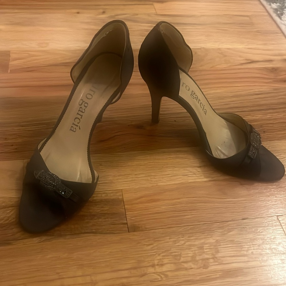 Pedro Garcia black satin evening open pump with crystal buckle - 36.5